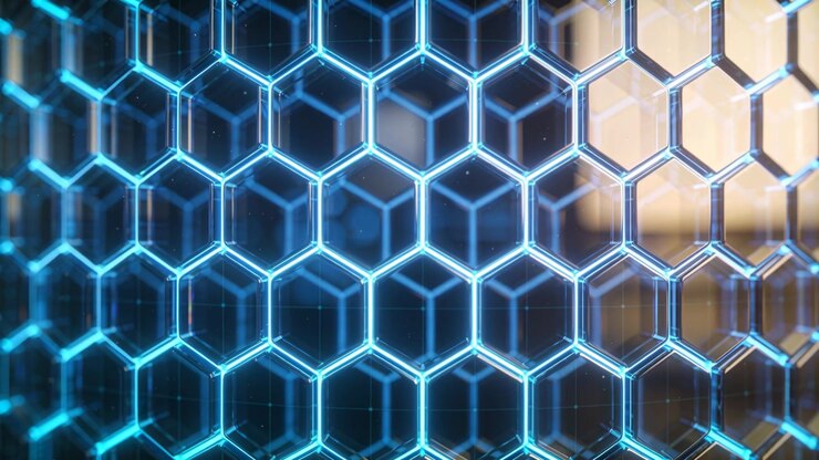Pulsierende Lichter außerhalb des Bildes treiben ein Hex-Gitter an, dessen Kanten blau leuchten, während der Fokus wechselt und eine warme Unschärfe entsteht.