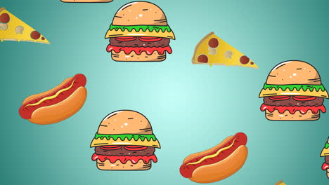 animación de pizza, hamburguesas y perritos calientes cayendo sobre un fondo azul