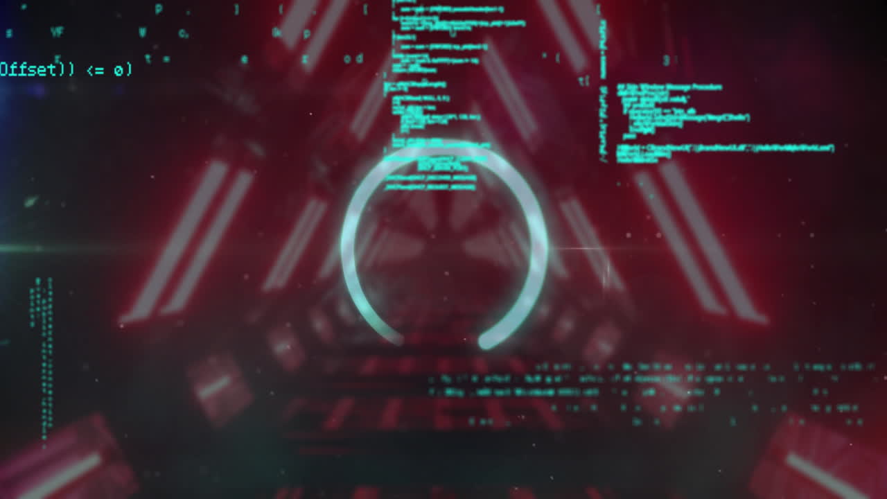 Digital code and circular graphic animation over futuristic red background