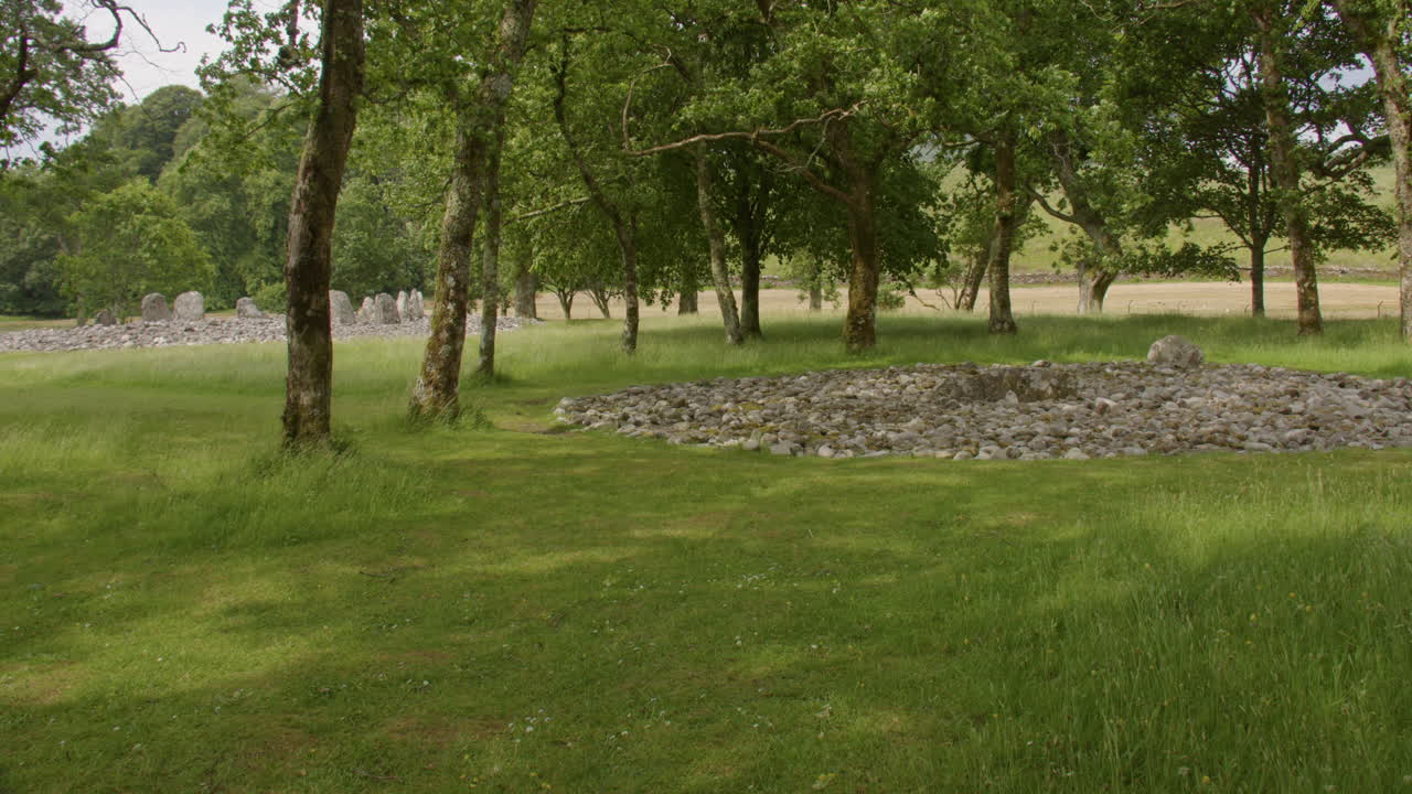 Long shot of both southern and northen Temple Wood Stone Circle and Standing Stones next to Nether Largie Standing Stones at Kilmartin