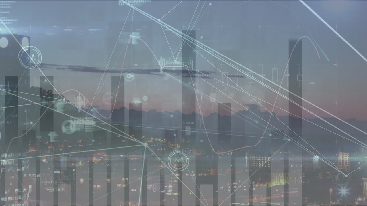 도시 풍경 위의 금융 데이터 처리 비디오