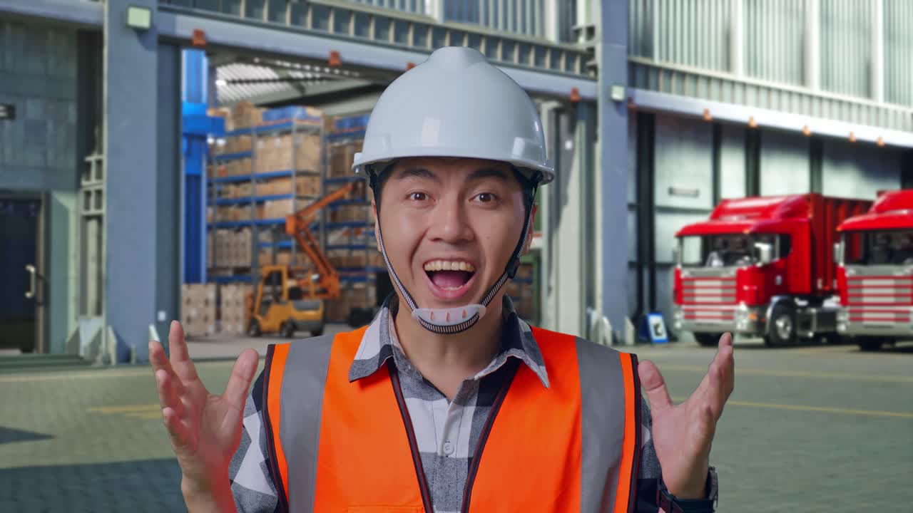 Close Up Of Asian Male Engineer With Safety Helmet Smiling To Camera And Saying Wow While Standing , Outside of Logistics Distributions Warehouse