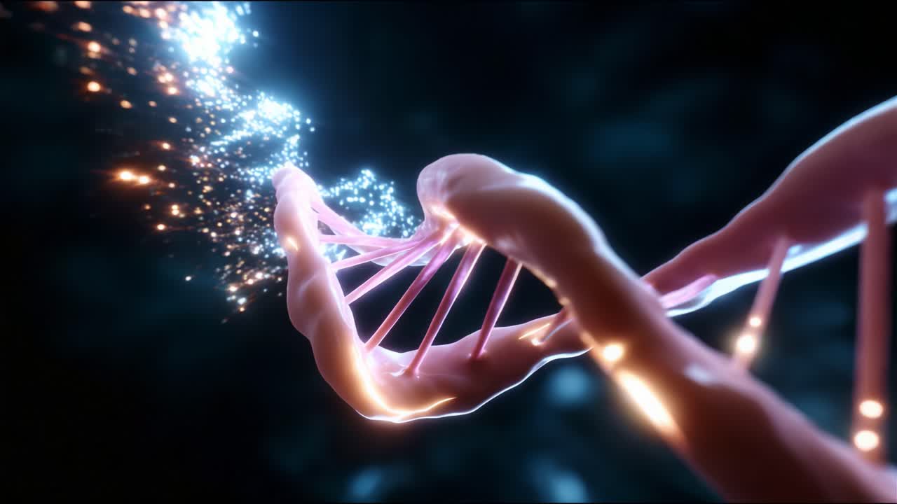 A Captivating visual exploration of DNA structure showcasing its intricate double helix form, illuminating the connections between genetics and life in a dynamic and mesmerizing way through colorful splashes of light