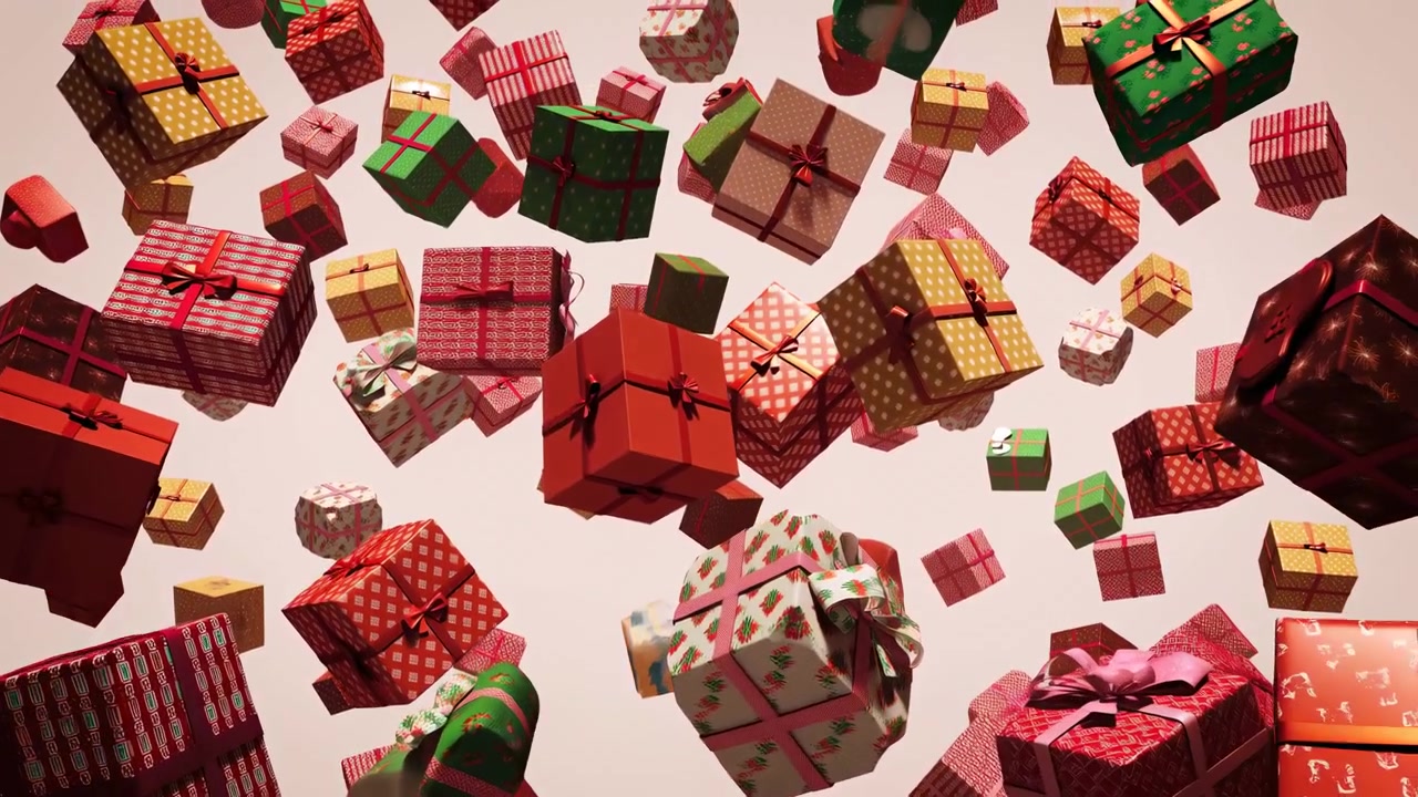 Scatole regalo assortite e incartate di diverse dimensioni fluttuano su uno sfondo rosa pallido, mostrando varie rotazioni, fiocchi di nastro, colori stratificati, superfici lucide e una disposizione decorativa festiva per le vacanze