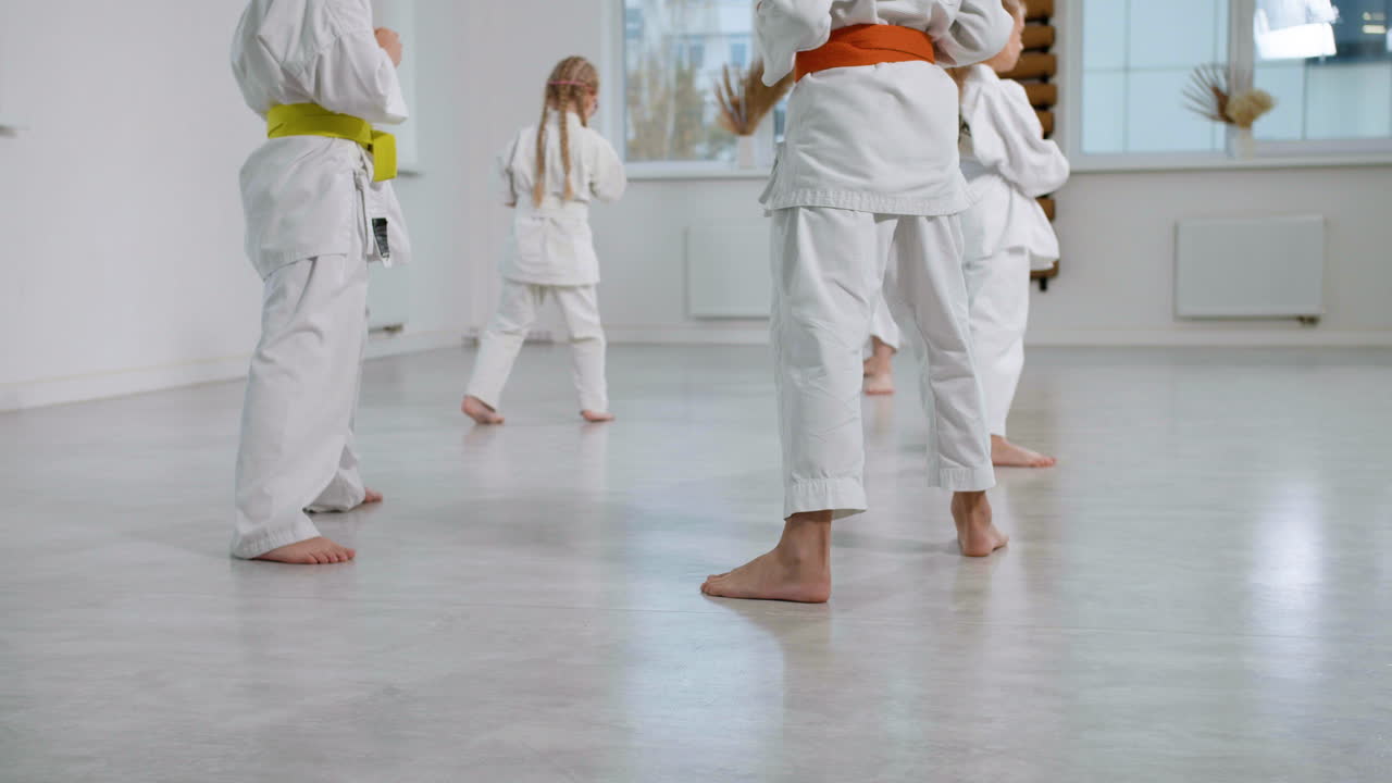 niños en kimono blanco en la clase de artes marciales