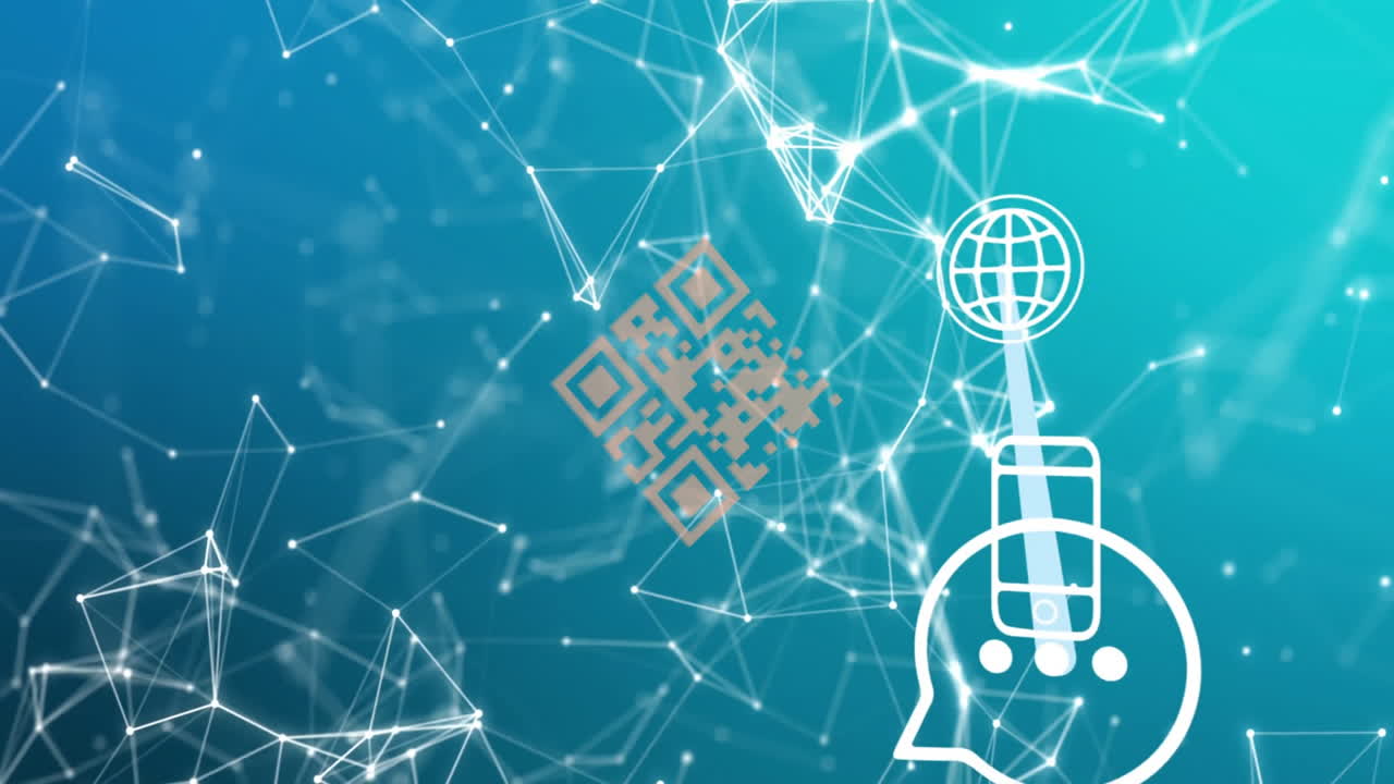 animación del código qr, las conexiones y el procesamiento de datos digitales a través del teléfono inteligente
