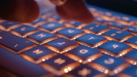 a close-up view of a backlit keyboard with a finger about to press the key, emphasizing the details of technology and user interaction in a digital environment