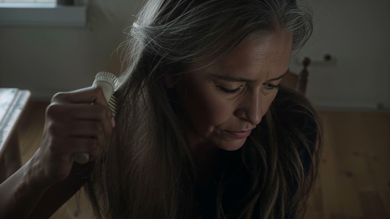 Donna che solleva una spazzola dal manico chiaro e poi pettina i lunghi capelli grigi per la cura di bellezza personale, mostrando un anello.