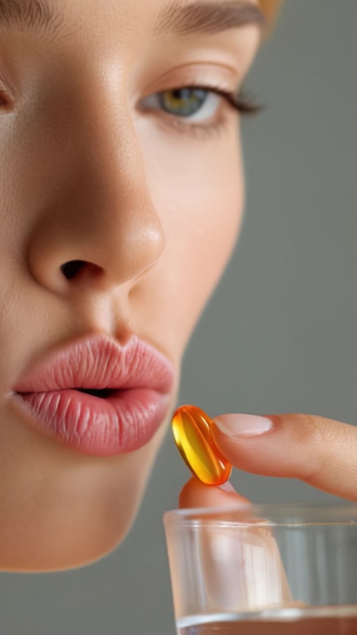 Un primo piano di una donna che si prepara a prendere una capsula di integratore, mettendo in risalto la sua concentrazione e il colore vivace della capsula su uno sfondo tenue.