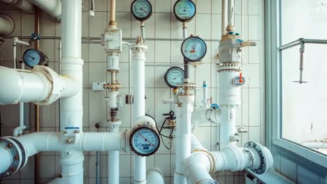 a bunch of pipes and gauges in a room with a window