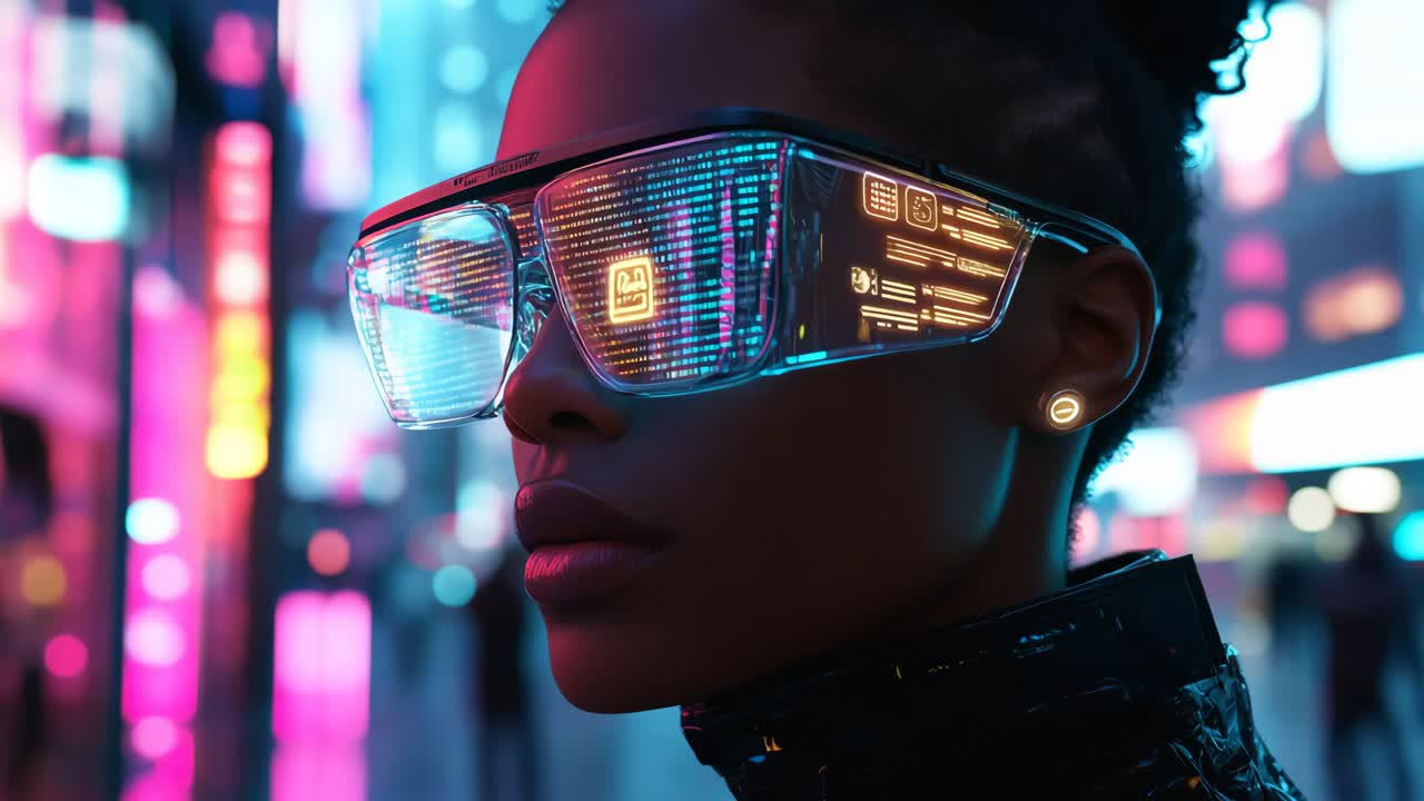 Cyberpunk Woman with VR Glasses in a Neon City