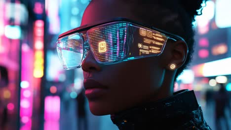 Cyberpunk Woman with VR Glasses in a Neon City