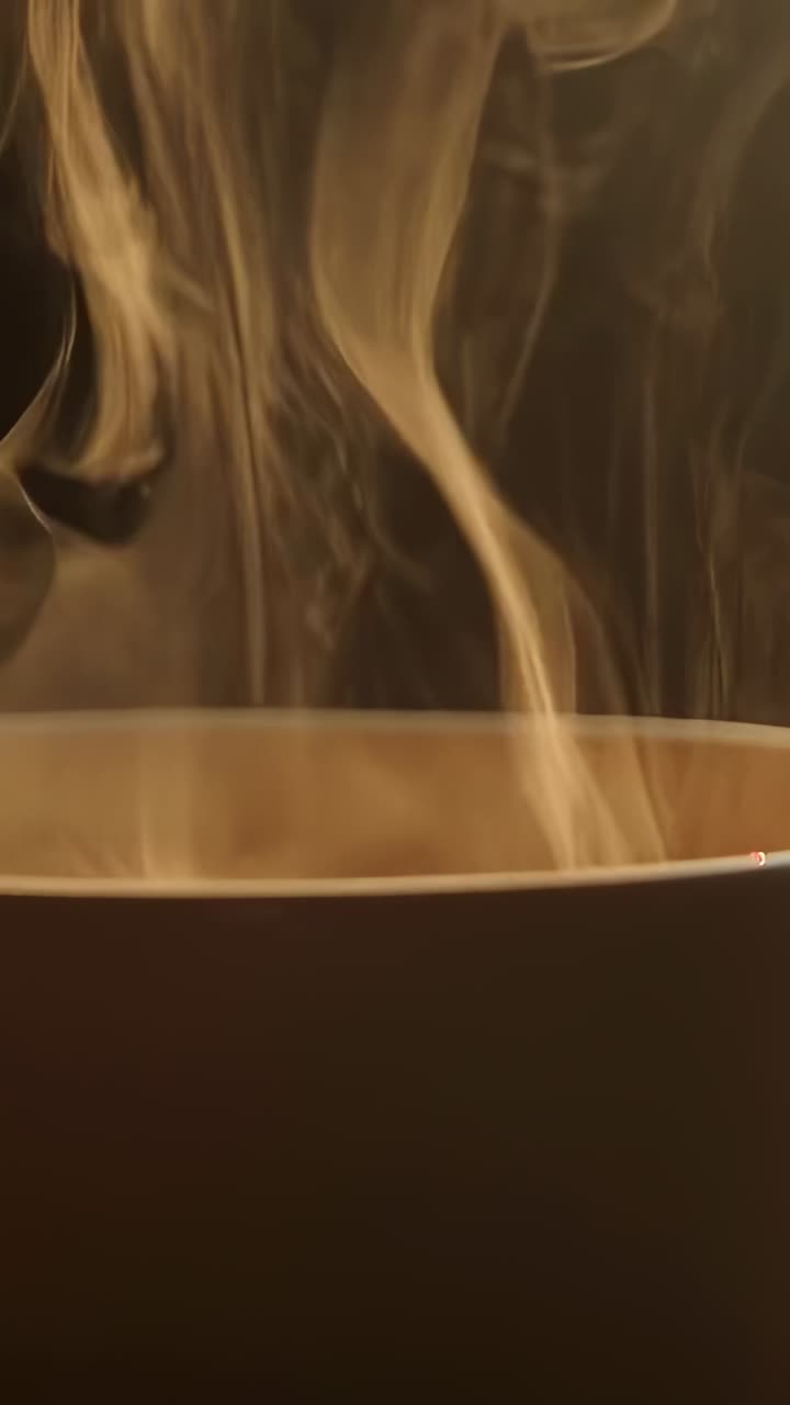 Vertical video: Dark ceramic cup emitting curling steam on countertop, with hot coffee, glossy rim
