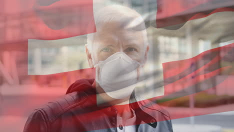 animación de la bandera ondeando sobre el hombre con máscaras faciales