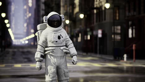 astronaut in a futuristic city at night