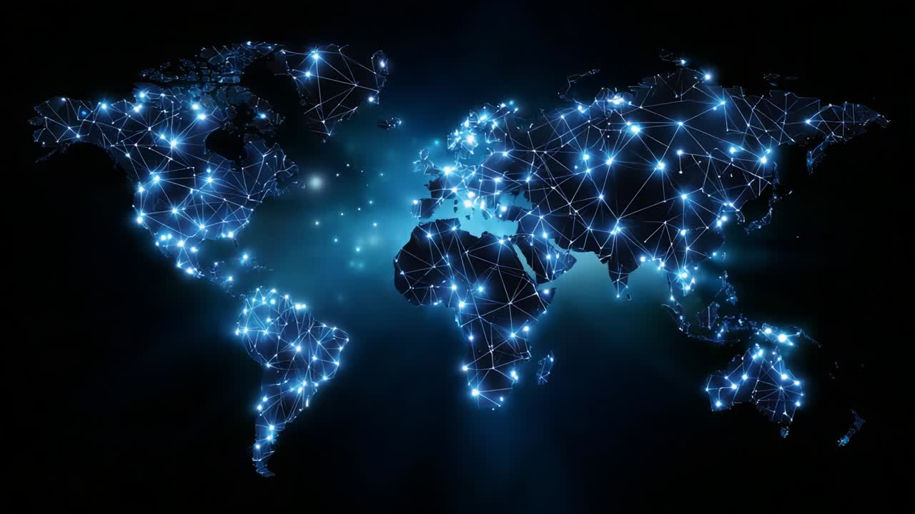 A Stunning Display of Global Connectivity: A Beautifully Rendered World Map Illuminated with Thousands of Bright Nodes and Interconnected Lines, Representing Data Flow and Network Links Across Continents