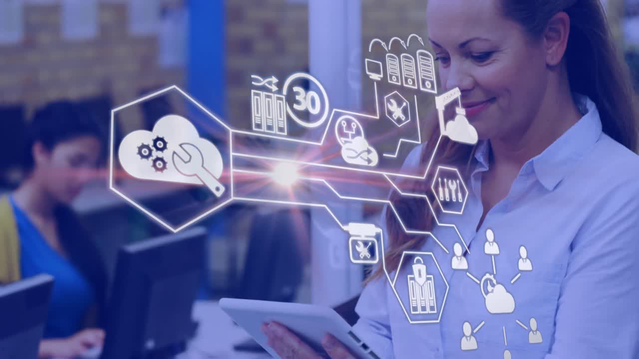 Interfaccia digitale con icone su insegnante donna che usa un tablet digitale