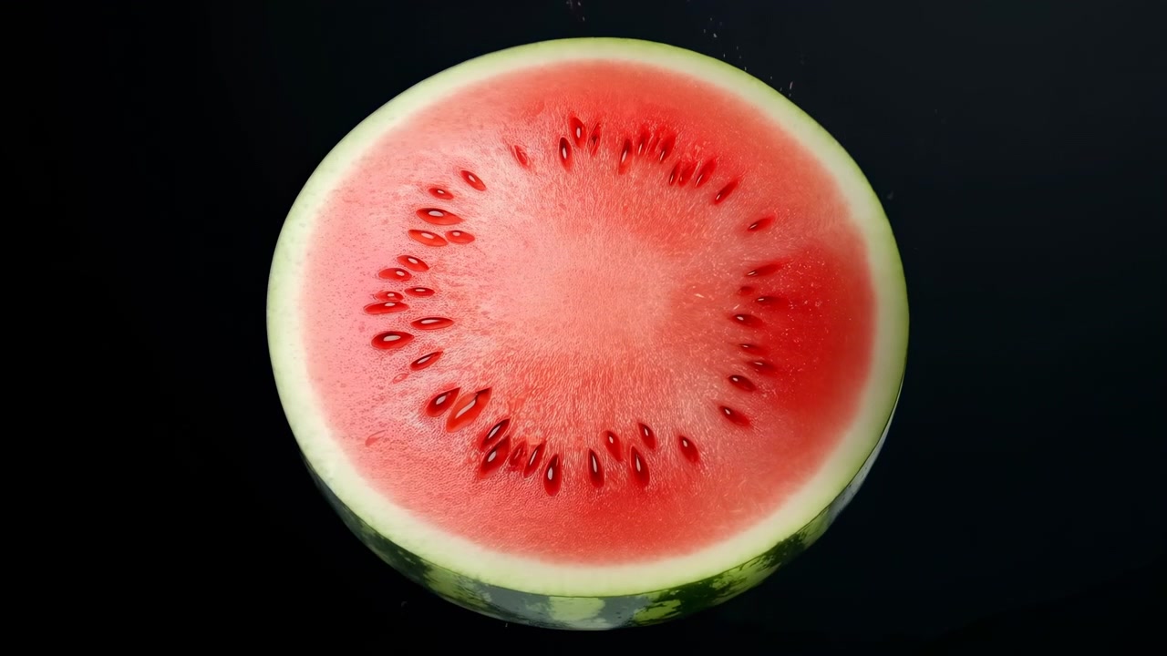 Mezza anguria appena tagliata, mostrata da una prospettiva obliqua dall'alto su uno sfondo da studio nero opaco, con la polpa umida di un rosso vivido che mostra un motivo radiale di cavità lucide di semi scuri e una buccia liscia.