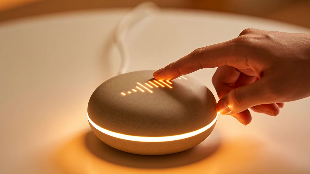 Doigt de la main droite appuyant sur un palet intelligent posé sur une table, activant une forme d'onde lumineuse et un câble pour le réveiller.