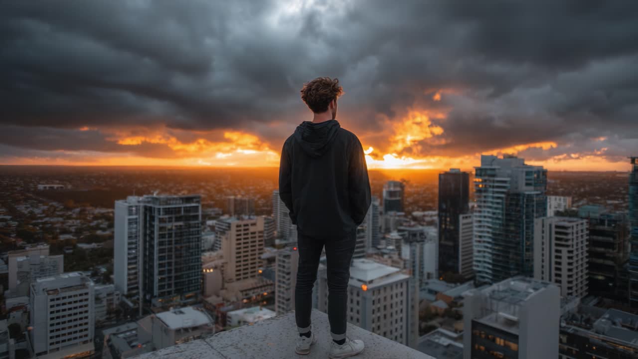 A solitary figure stands atop a high building, gazing at the breathtaking sunset that paints the sky with vibrant hues, amidst the urban skyline of a bustling city