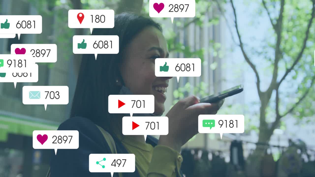 Woman speaking into phone on city street, showing social media icons boosting engagement metrics