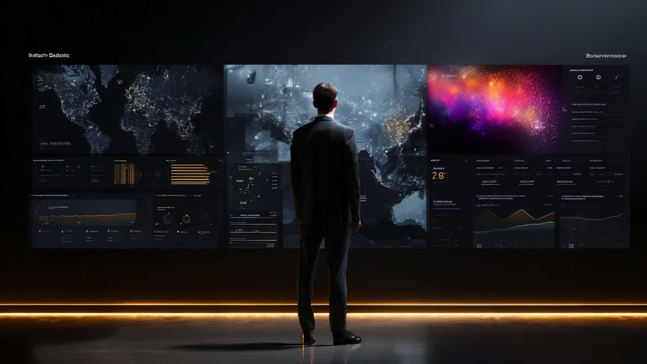 Engaging Analysis of Visual Data Representations: A Person Evaluates Complex Information on High-Tech Screens in a Dark Environment, Illuminated by Dynamic Visuals and Statistics