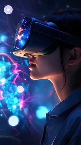 a woman wearing a virtual reality headset is looking at a blue background with a lot of lights. concept of wonder and excitement as the woman explores a new world through her vr headset