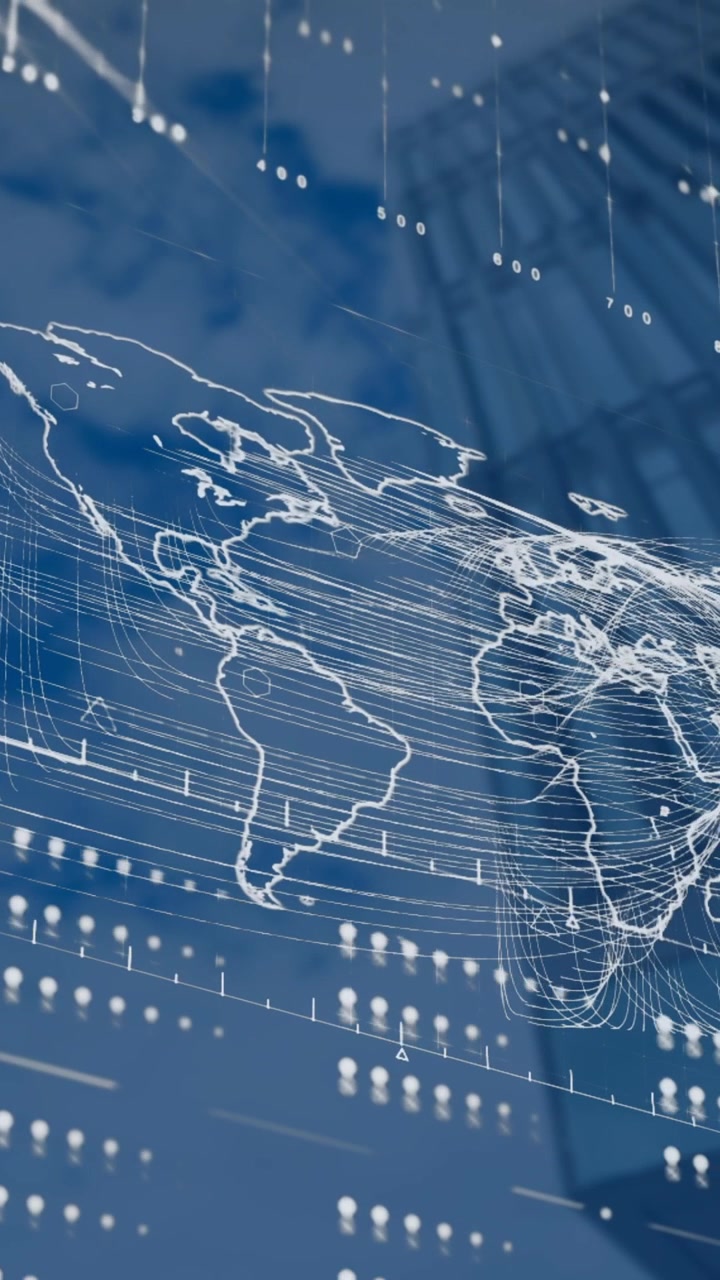 Animation of interface with data processing over world map against low angle view of tall building