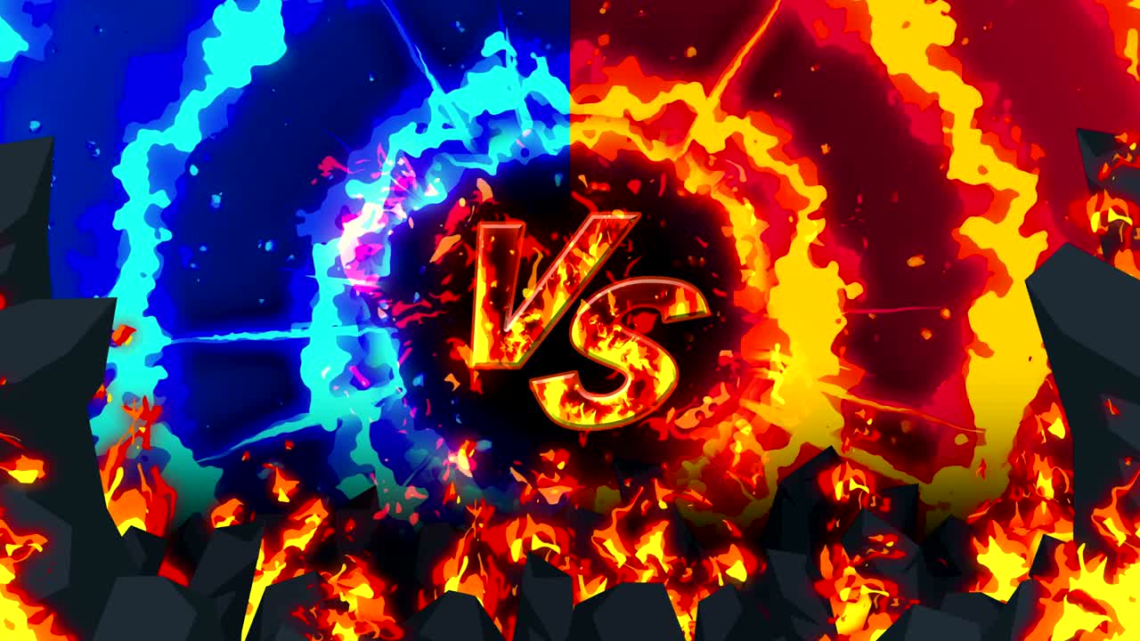 만화 화재 애니메이션. 불꽃 루프 배경. 경쟁. 전투 게임. 아이콘에 대항. 아이콘과 대결.