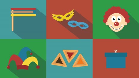 icono de animación de diseño plano de vacaciones de purim con símbolos tradicionales