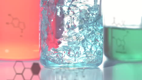 animation of data processing and chemical formula over beakers with liquid in lab