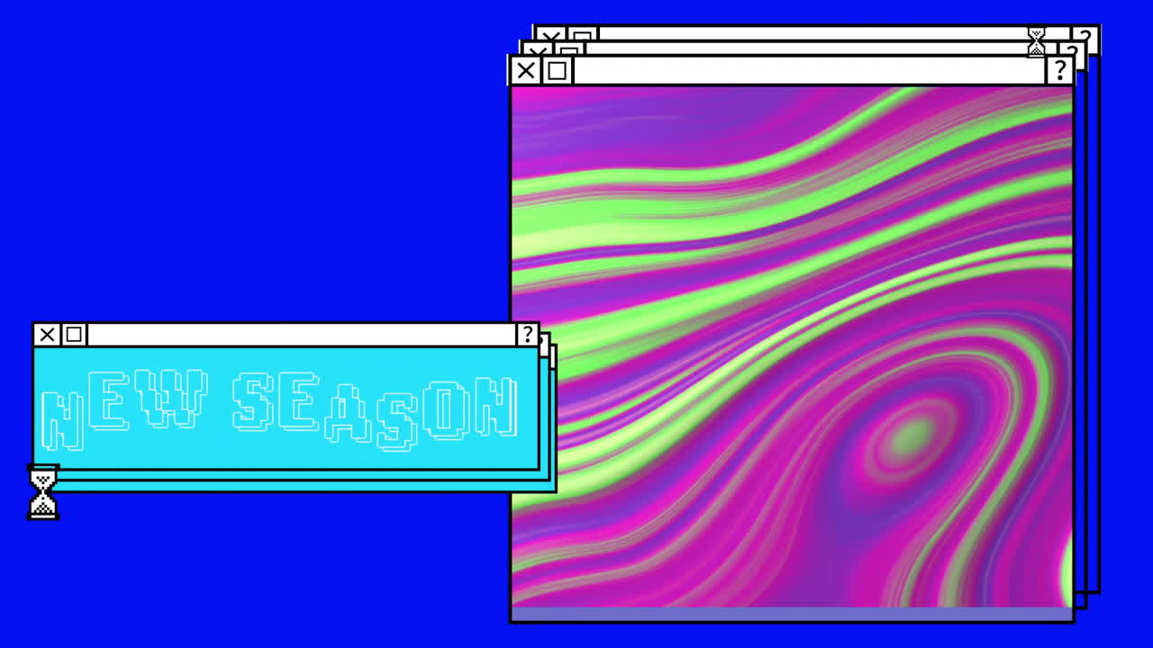 Animation of digital interfaces with new season text and colourful shapes on blue background