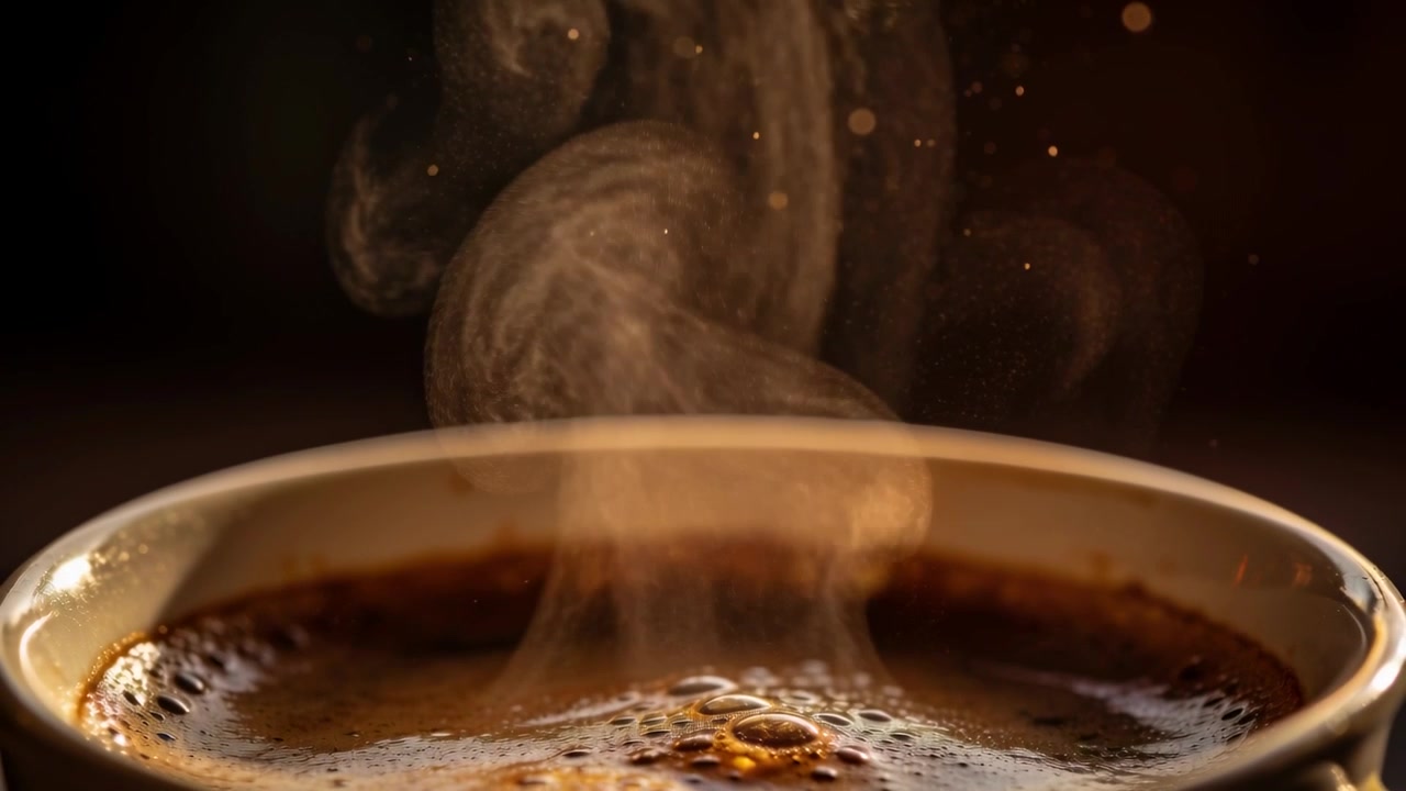 Vapore che sale dal caffè caldo, formando colonne attorcigliate sopra una tazza di ceramica in studio, con crema brillante.