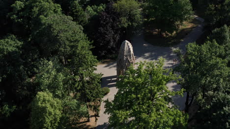 Close-Rotating,-orbiting-aerial-shot-of-gothic-tower---Landmark-in-Bratislava,-capital-of-Slovakia---summer-sunny-day