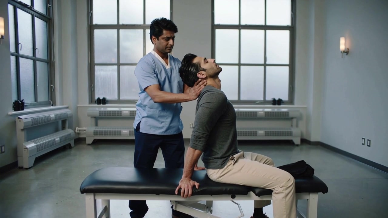 Placing hands, clinician in scrubs guiding patient extending neck at clinic, mobilizing on bench