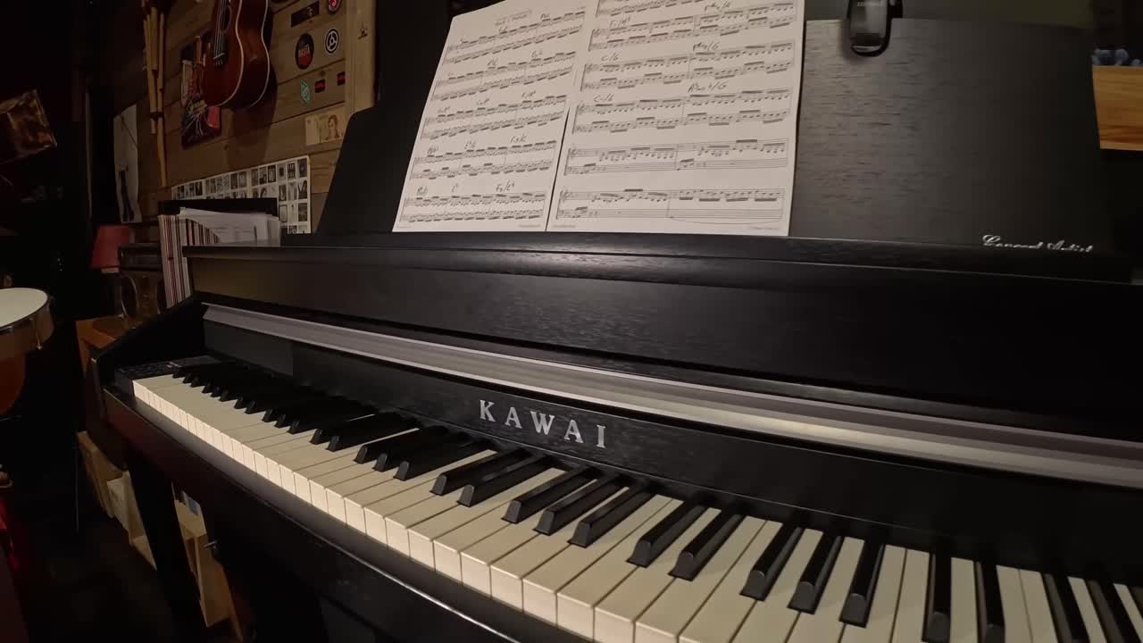 Black piano with scores in elegant music studio, zoom out, no people