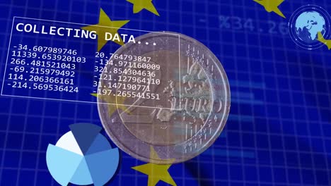 Animation-of-financial-data-processing-over-euro-flag-and-euro-coin