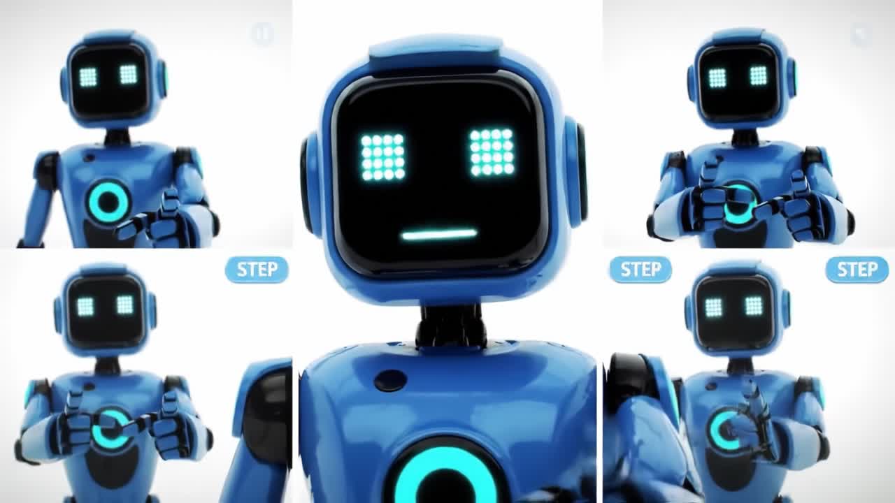 In a dynamic environment, a blue robot showcases its abilities by performing various tasks while interacting with users. Its glowing design adds a futuristic touch to the learning process.