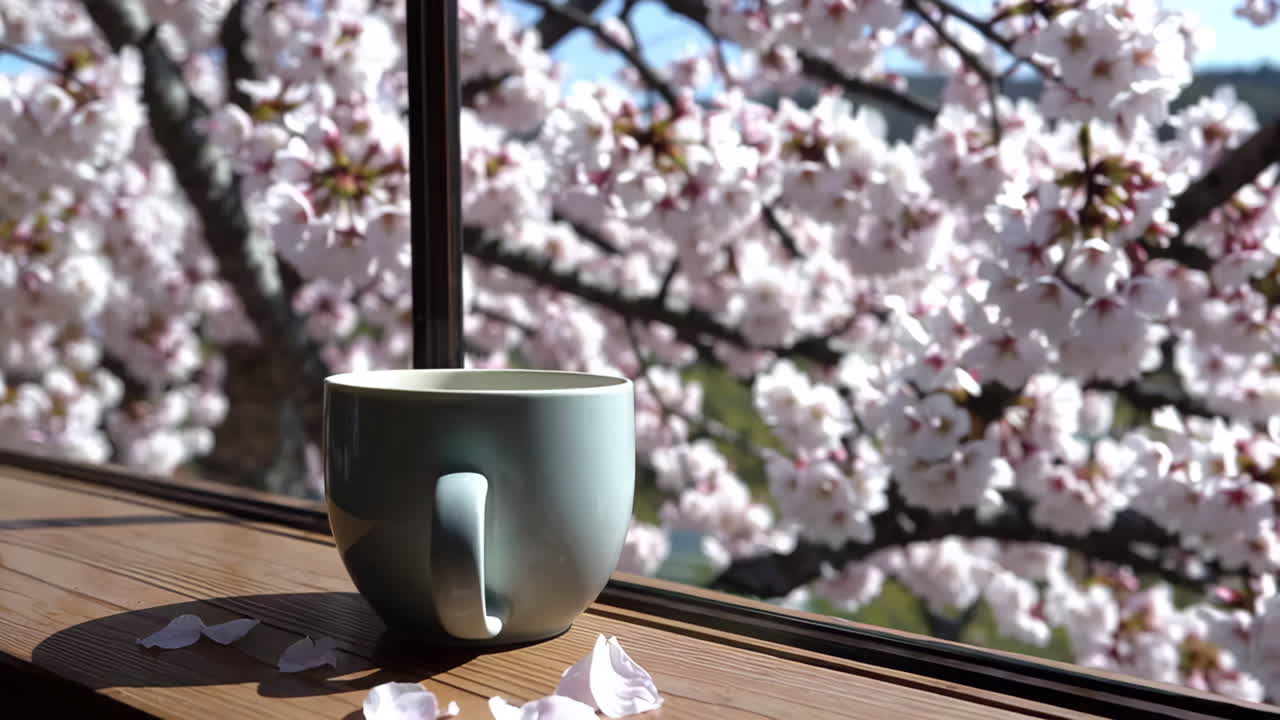 Japanese Springtime Window with Cherry Blossoms and a Cup of Tea