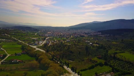 ancient city of livadia in greece with aerial drone shot over landscape