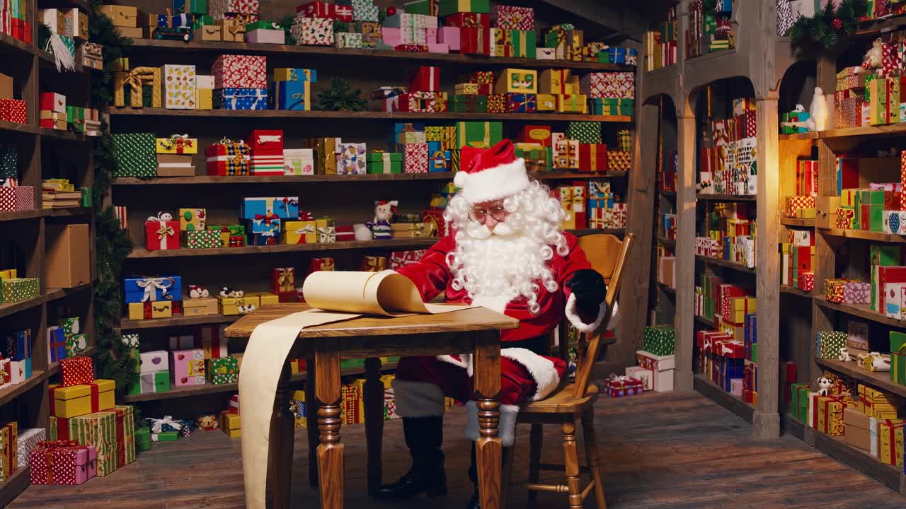 Wide-angle shot of Santa in a cozy workshop, surrounded by colorful gifts, checking his list