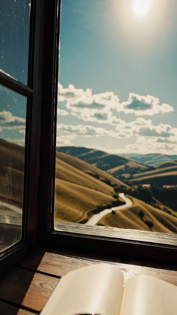 A scenic video frame captures a winding road through rolling hills from a low-angle view, framed