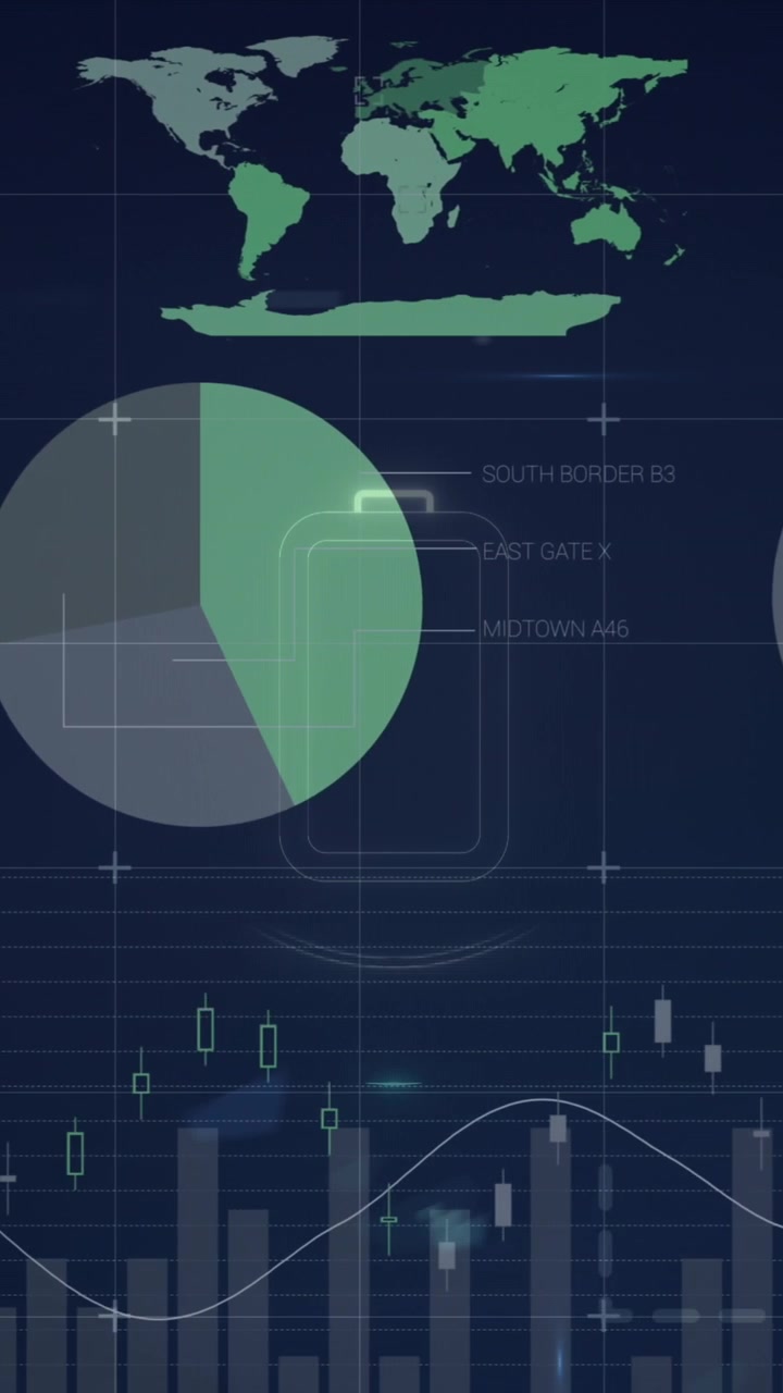 Animation of battery icon over neon round shape over statistical data processing on blue background