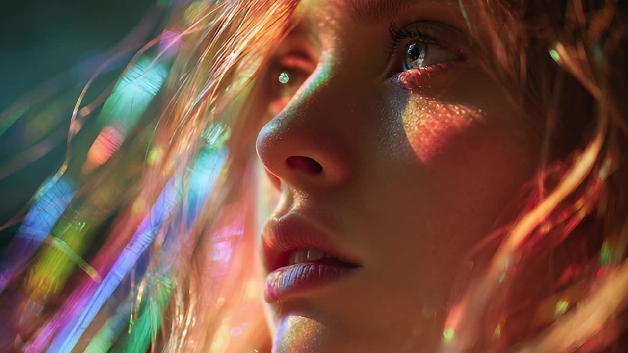 Primo piano di una giovane donna con riflessi colorati sul viso