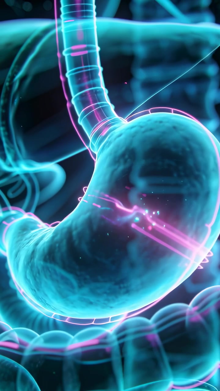 Vertical video: Filament appearing, tracing stomach and distal esophagus in CGI, showing inner flow