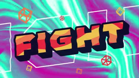 digital animation of fight text and abstract shapes against colorful liquid texture background