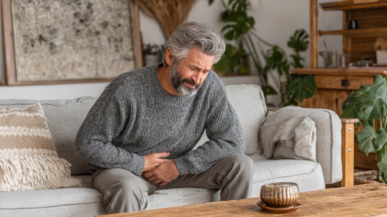 A thoughtful man seated on a couch, grappling with discomfort as he clutches his stomach, sharing a moment of vulnerability in a cozy living room setting