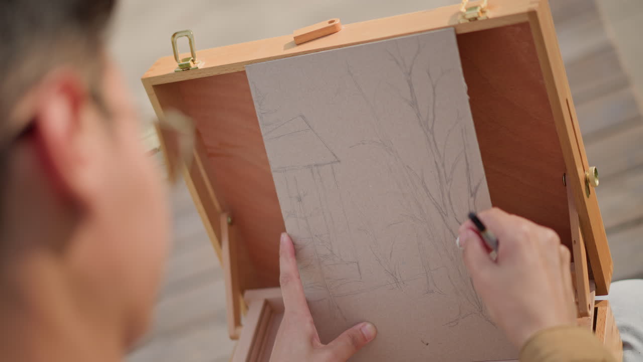 artista che schizza un albero su una scatola-cavalletto, mani concentrate che disegnano il tronco con una matita, custodia portatile in legno per cavalletto, carta ruvida con leggere linee di grafite, primo piano sopra la spalla, atmosfera calma e riflessiva