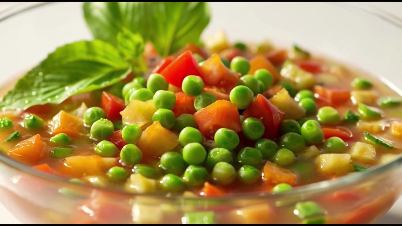 Skål med frisk grøntsagssuppe med ærter og basilikum