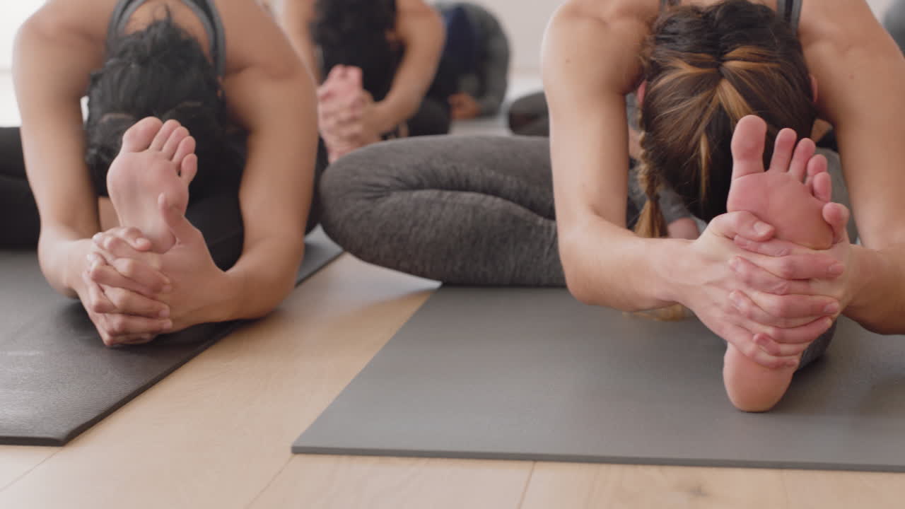 clase de yoga grupo de mujeres jóvenes practican la pose de flexión hacia adelante de la cabeza a la rodilla disfrutando de un estilo de vida saludable haciendo ejercicio en la meditación del gimnasio